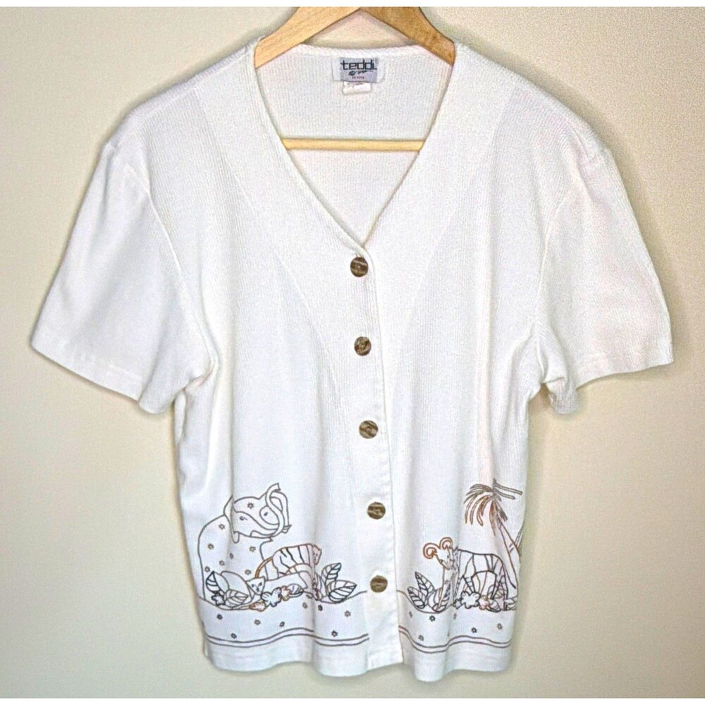 Teddi Petite PM White Short Sleeve Button Front V-Neck Animal Print Cardigan